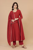 Set of 3: Maroon Rayon Hand Block Flared Kurta, Solid Cotton Pants & Dupatta with Gota Detailing