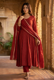 Set of 3: Maroon Rayon Hand Block Flared Kurta, Solid Cotton Pants & Dupatta with Gota Detailing