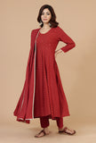 Set of 3: Maroon Rayon Hand Block Flared Kurta, Solid Cotton Pants & Dupatta with Gota Detailing