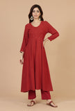 Set of 3: Maroon Rayon Hand Block Flared Kurta, Solid Cotton Pants & Dupatta with Gota Detailing