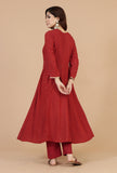 Set of 3: Maroon Rayon Hand Block Flared Kurta, Solid Cotton Pants & Dupatta with Gota Detailing