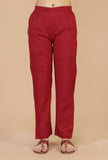 Set of 3: Maroon Rayon Hand Block Flared Kurta, Solid Cotton Pants & Dupatta with Gota Detailing
