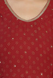 Set of 3: Maroon Rayon Hand Block Flared Kurta, Solid Cotton Pants & Dupatta with Gota Detailing