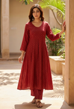 Set of 2: Maroon Rayon Hand Block Printed Flared Kurta & Solid Cotton Pants