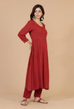Set of 2: Maroon Rayon Hand Block Printed Flared Kurta & Solid Cotton Pants