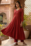 Maroon Rayon Hand Block Printed Flared Kurta