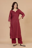 Set of 2: Maroon Hand Block Printed Straight Kurta with Solid Cotton Pants