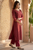 Set of 2: Maroon Hand Block Printed Straight Kurta with Solid Cotton Pants