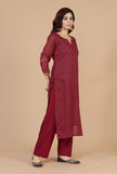 Set of 2: Maroon Hand Block Printed Straight Kurta with Solid Cotton Pants