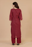 Set of 2: Maroon Hand Block Printed Straight Kurta with Solid Cotton Pants