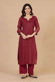 Maroon Hand Block Printed Straight Kurta