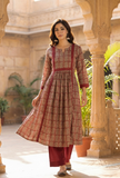 Set of 2: Maroon Printed Gathered Kurta with Lace Detail & Solid Maroon Cotton Pants