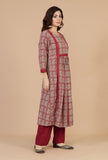 Set of 2: Maroon Printed Gathered Kurta with Lace Detail & Solid Maroon Cotton Pants