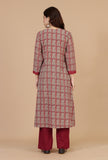 Set of 2: Maroon Printed Gathered Kurta with Lace Detail & Solid Maroon Cotton Pants