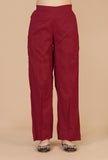 Set of 2: Maroon Printed Gathered Kurta with Lace Detail & Solid Maroon Cotton Pants