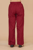 Set of 2: Maroon Printed Gathered Kurta with Lace Detail & Solid Maroon Cotton Pants