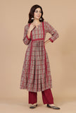 Red Printed Gathered Kurta with Lace Detail