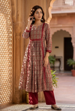 Red Printed Gathered Kurta with Lace Detail