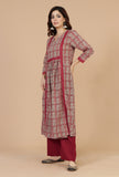 Red Printed Gathered Kurta with Lace Detail