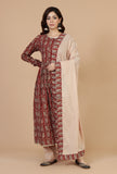 Set of 3: Maroon Elegance Handblock Printed Cotton Kurta & Beige Cotton Pant with Dupatta Set