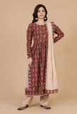 Set of 3: Maroon Elegance Handblock Printed Cotton Kurta & Beige Cotton Pant with Dupatta Set