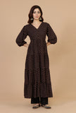 Set of 2: Black Rayon Polka Printed Tiered Dress with Solid Cotton Pants