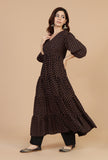 Set of 2: Black Rayon Polka Printed Tiered Dress with Solid Cotton Pants