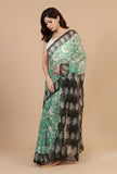 Sea Green Floral Woven Kota Doriya Saree with Black Border & Unstitched Blouse