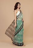 Sea Green Floral Woven Kota Doriya Saree with Black Border & Unstitched Blouse