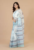 Icy Blue Handwoven Kota Doriya Saree with Floral Motifs & Striped Border and Unstitched Blouse
