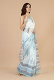 Icy Blue Handwoven Kota Doriya Saree with Floral Motifs & Striped Border and Unstitched Blouse