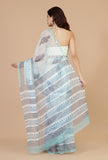 Icy Blue Handwoven Kota Doriya Saree with Floral Motifs & Striped Border and Unstitched Blouse