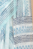 Icy Blue Handwoven Kota Doriya Saree with Floral Motifs & Striped Border and Unstitched Blouse