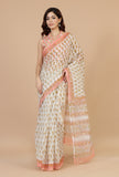 Peach & White Handwoven Kota Doriya Saree with Floral Booti and Ornate Pallu and Unstitched Blouse