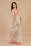 Peach & White Handwoven Kota Doriya Saree with Floral Booti and Ornate Pallu and Unstitched Blouse