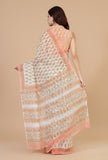 Peach & White Handwoven Kota Doriya Saree with Floral Booti and Ornate Pallu and Unstitched Blouse