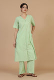Set of 2: Light Green Button-Down Kurta with Straight Pants