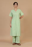Light Green Solid Cotton Kurta with Button Detailing