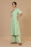 Light Green Solid Cotton Kurta with Button Detailing