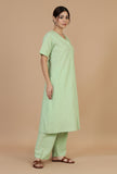 Light Green Solid Cotton Kurta with Button Detailing
