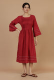 Maroon Cotton Midi Dress with Pintucks & Contrast Stitching
