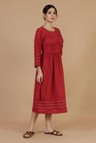 Maroon Cotton Midi Dress with Pintucks & Contrast Stitching