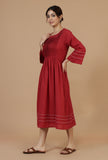Maroon Cotton Midi Dress with Pintucks & Contrast Stitching