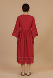 Maroon Cotton Midi Dress with Pintucks & Contrast Stitching