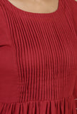 Maroon Cotton Midi Dress with Pintucks & Contrast Stitching
