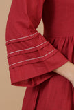Maroon Cotton Midi Dress with Pintucks & Contrast Stitching
