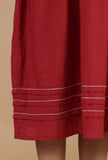 Maroon Cotton Midi Dress with Pintucks & Contrast Stitching