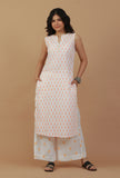 Set Of 2: White & Peach Handblock Printed Sleeveless Kurta with Palazzo