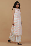 Set Of 2: White & Peach Handblock Printed Sleeveless Kurta with Palazzo