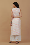 Set Of 2: White & Peach Handblock Printed Sleeveless Kurta with Palazzo